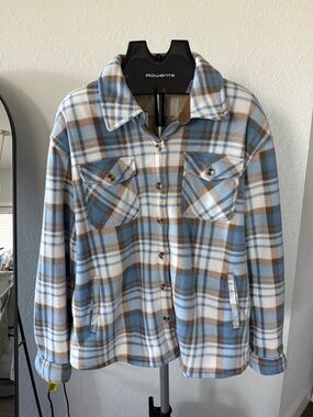 NWT SAGE Collective Plaid Sherpa Shacket Jacket XL Cozy Button Front Blue Brown